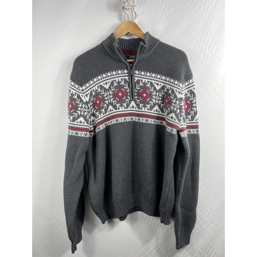 Izod Men's 1/4 Zip Gray/Red‎ Size 2XL Long Sleeved Pullover Sweater Heavy Thick